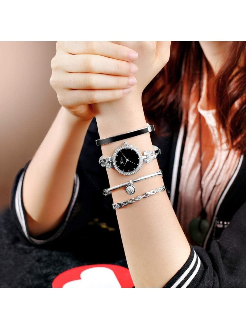 Women's Silver Stylish Four-Piece Bangle Fashionable Analog Quartz Wrist Watch - Picture 2 of 7